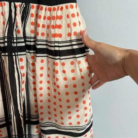Maeve White and Orange Polkadot Halter Dress with Black Trim Size 0
